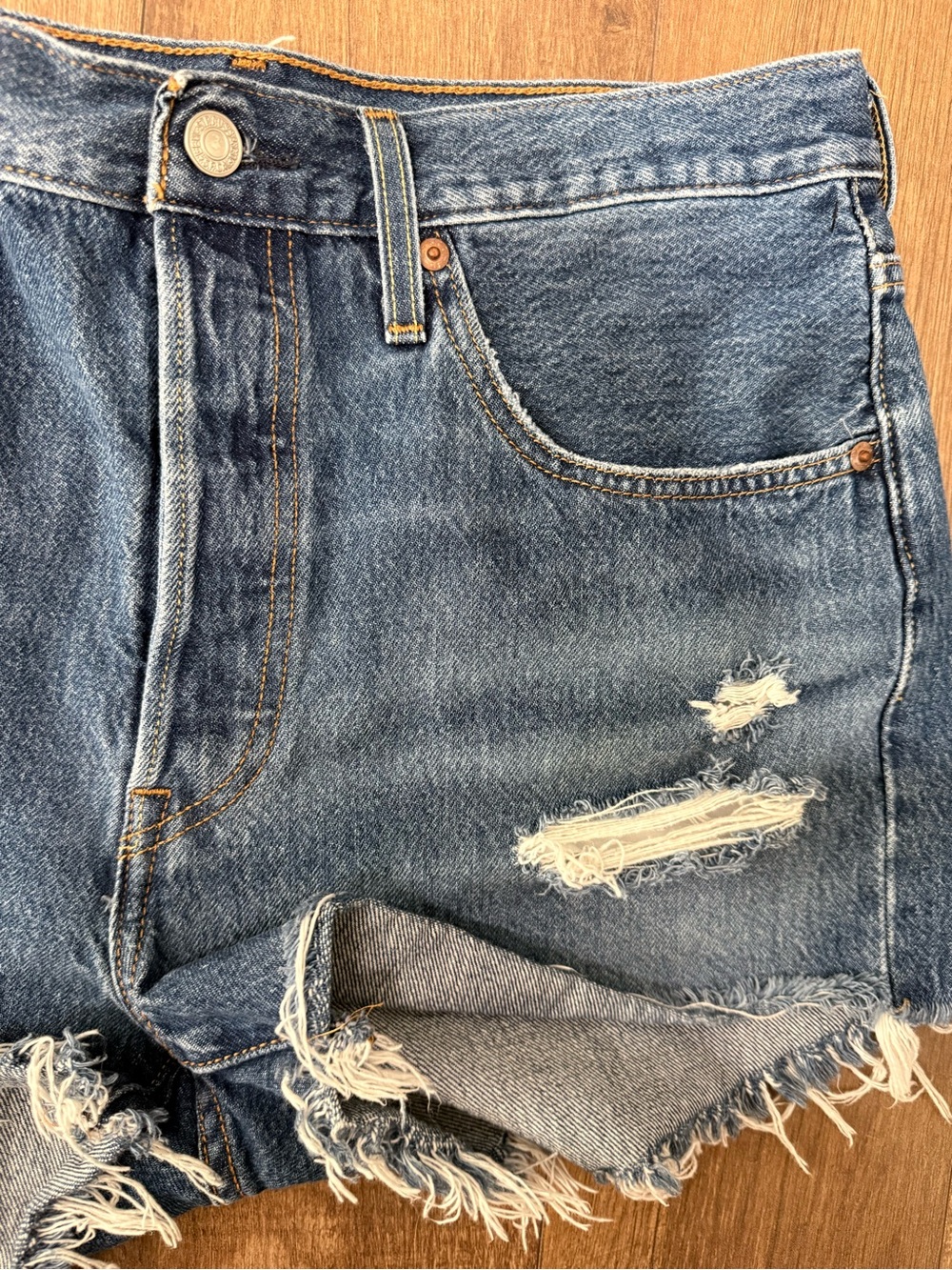 Levi's Dark Blue Distressed Denim Cutoff Shorts - Picture 3 of 5